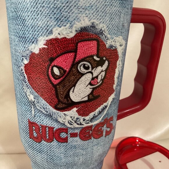 Buc-Ees Denim Design Stainless Steel Tumbler With Handle & Straw 40 Oz Yukon Out - Picture 3 of 8